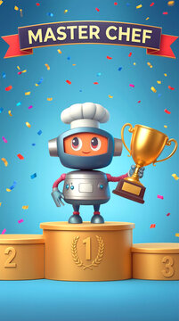 Winner robot wearing chef hat and holding golden trophy on first place podium. Master chef competition celebration with colorful confetti on blue background.
