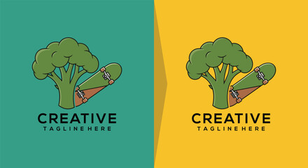 Broccoli with skateboard logo design template. © doane
