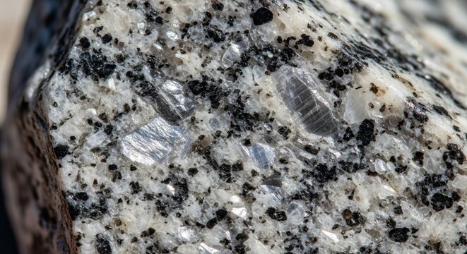 Close-up of polished granite rock showing mineral grains, quartz, and feldspar crystals.