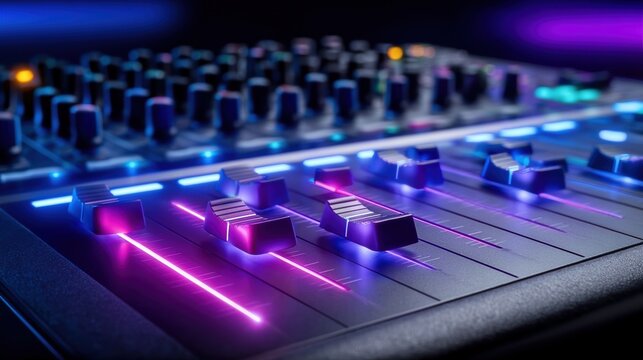 Close-up of a modern audio mixing console with glowing neon blue and pink lights, showcasing faders and knobs.