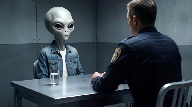 Law enforcement officer questioning grey extraterrestrial in interrogation room. Police interview with alien suspect wearing denim jacket.