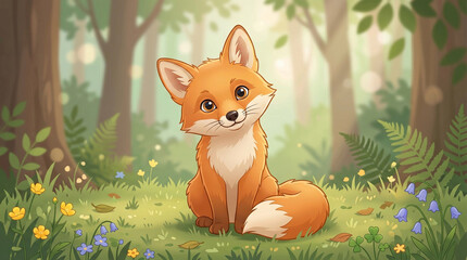 Obraz premium Cute Fox Cub Sitting in Forest Clearing Storybook Style Vector Illustration