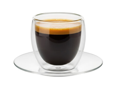 A clear glass cup of espresso with crema on top isolated on transparent background