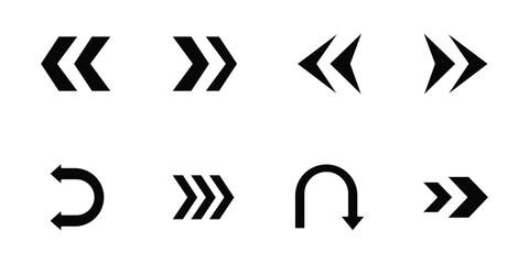 Black arrow icons set, vector double chevrons and u turn symbols for navigation and interface design © Authay