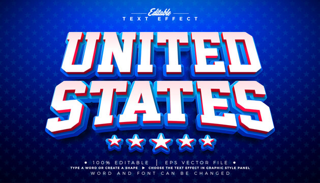 America Text Effect Design Editable Vector Graphic Style with United States of America 3d Typography on Blue Star Texture Background. Independence Day or Memorial Day Customizable Illustration