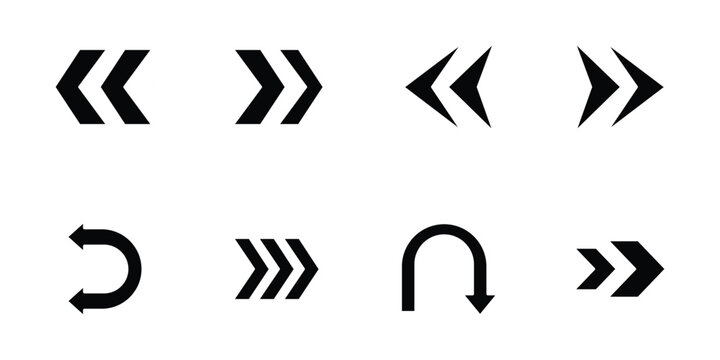 Black arrow icons set, vector double chevrons and u turn symbols for navigation and interface design