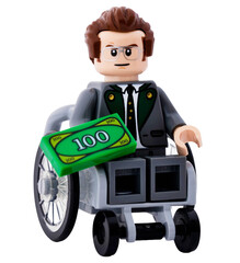 Naklejka premium Dortmund - Deutschland 15. April 2026 - Lego Minifigur Mann im Rollstuhl mit Geld in der Hand
