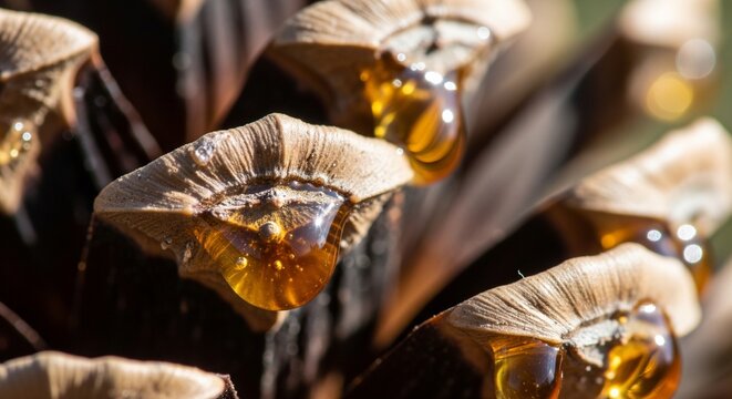 Close-up of golden, viscous tree resin oozing from the scales of a pine cone in the sunlight.