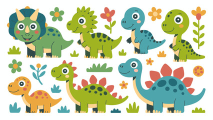 Naklejka premium Cute Dinosaur Vector Set Smiling Baby Dino Characters with Nature Elements