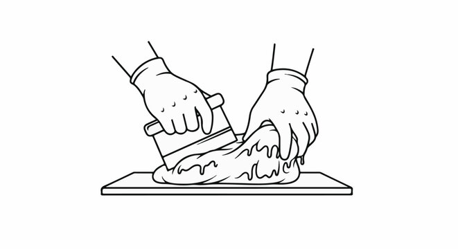 Gloved hands shape pliable material with a tool on a flat surface