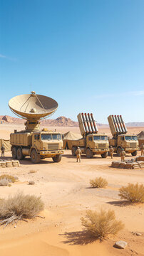 Array of specialized vehicles including radar unit and missile launchers deployed in desert environment. Armed forces personnel standing near equipment during daytime operations.