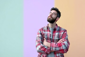 Obraz premium Portrait of a blissful man in his 20s with arms crossed in front of pastel or soft colors background