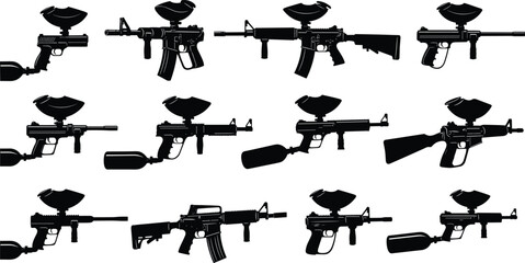 Paintball gun silhouettes collection with markers and air tanks, recreational sport equipment, shooting game gear, tactical hobby, vector illustration set © MdAjijul
