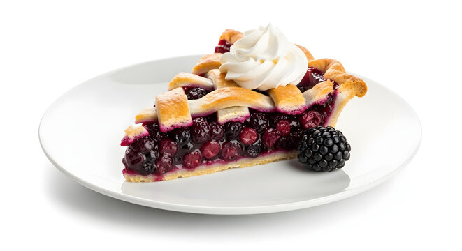 A slice of blackberry pie with whipped cream on top, served on a white plate.