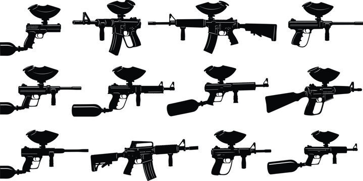 Paintball gun silhouettes collection with markers and air tanks, recreational sport equipment, shooting game gear, tactical hobby, vector illustration set