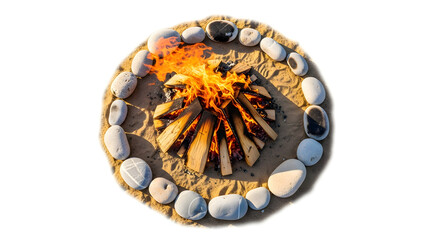 Fototapeta premium A campfire burns brightly in a circle of stones on a sandy beach