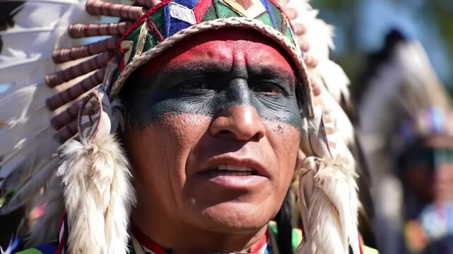 Solemn Indigenous leader portrait with feathers headdress and traditional face paint