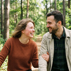 Obraz premium Close-up of a happy young couple in love riding bicycles through a lush green forest; focus on joined hands and joyful facial expressions, romantic summer date outdoors