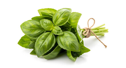 Fototapeta premium A bunch of fresh basil leaves tied with twine on a white background