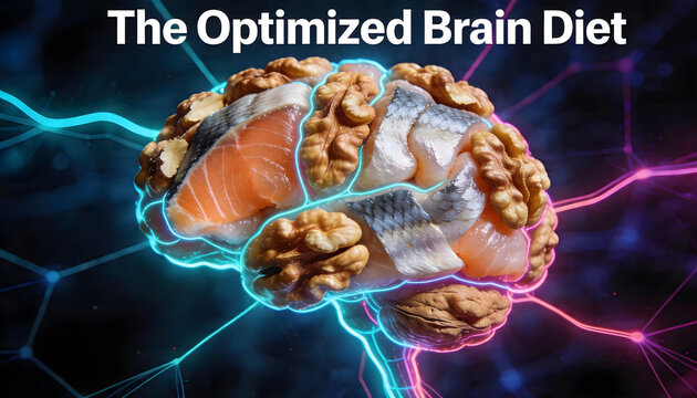Human brain shape made of walnut and fish fillet. Concept of healthy nutrition for brain function and biohacking. Nutrient rich food for cognitive health and mental performance improvement.