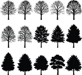 Fototapeta premium Collection of bare and full tree silhouettes in black