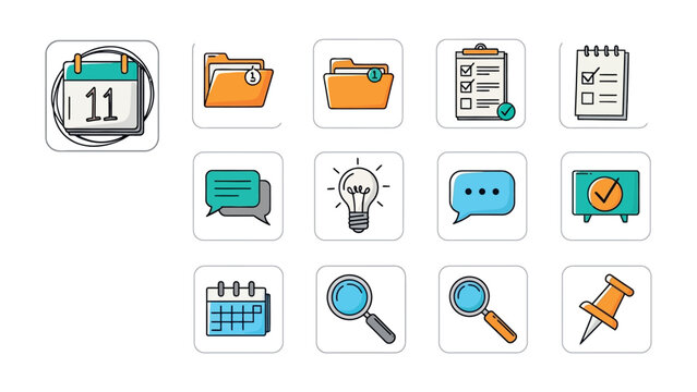 Organized Task Icons: A comprehensive collection of hand-drawn icons illustrating various organizational and task-management concepts. Representing schedules, files, ideas, and accomplishments.