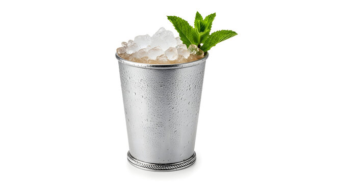 A refreshing mint julep cocktail in a silver cup on a white background