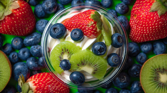Glass of yogurt with fresh strawberries kiwi blueberries on, breakfast