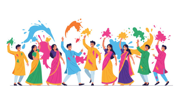 Holi festival celebration vector with colorful powder splash and joyful traditional characters