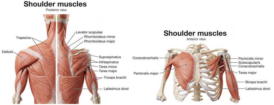 Shoulder Muscles. Detailed Medical Illustration, Posterior and Anterior Views. Labeled