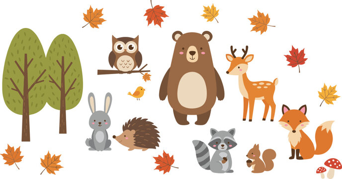 Autumn woodland animals set with cute bear fox deer owl raccoon hedgehog and rabbit characters with fall leaves and trees flat vector illustration