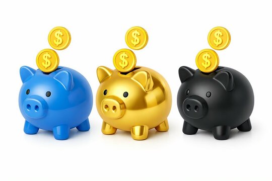 Three piggy banks with coins stacked atop each one in different colors