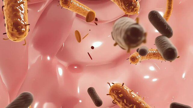 Inside intestine, healthy bacteria moving in balance,
processed particles enter, harmful bacteria increase rapidly, good bacteria decrease
