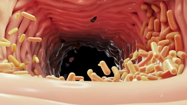 Inside intestine, healthy bacteria moving in balance,
processed particles enter, harmful bacteria increase rapidly, good bacteria decrease
