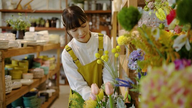 Beautiful young asian florist woman in a yellow apron smiling while carefully arranging a colorful floral bouquet of yellow billy buttons and purple flowers inside a cozy flower boutique.