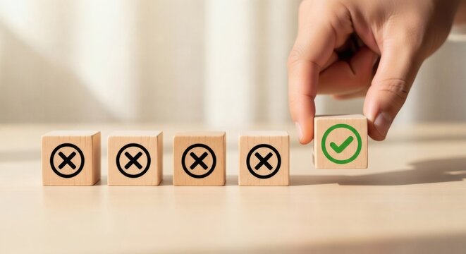 Business decision making concept. choosing correct option from multiple wrong choices using wooden blocks hand placing green checkmark cube clean minimal strategy selection.
