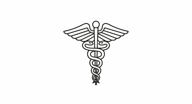 Black and white line drawing of the caduceus medical symbol