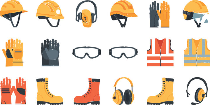 Construction safety equipment vector set with helmets, gloves, boots, goggles and protective gear, industrial worker illustration collection