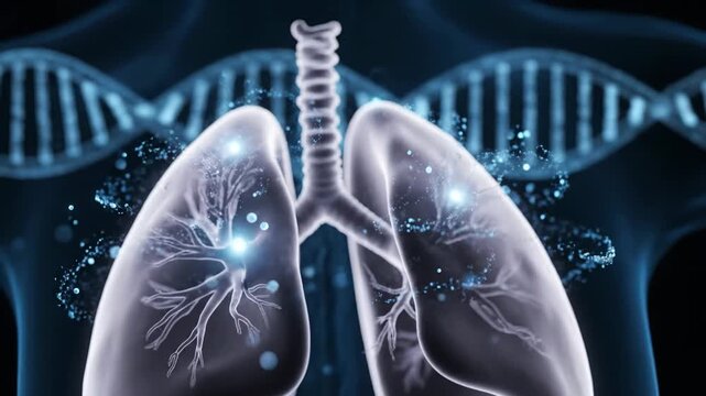 Digital Illustration of Human Lungs with Neurotransmitter and DNA Background in Futuristic Style