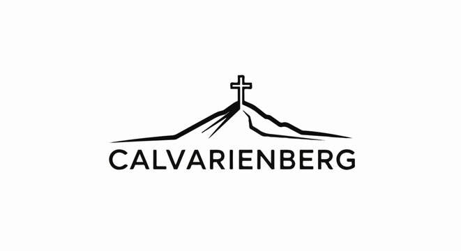 Stylized cross atop a hill with text below
