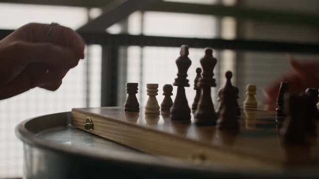 Close up shot of two unrecognizable players hands making moves on chessboard during indoor match