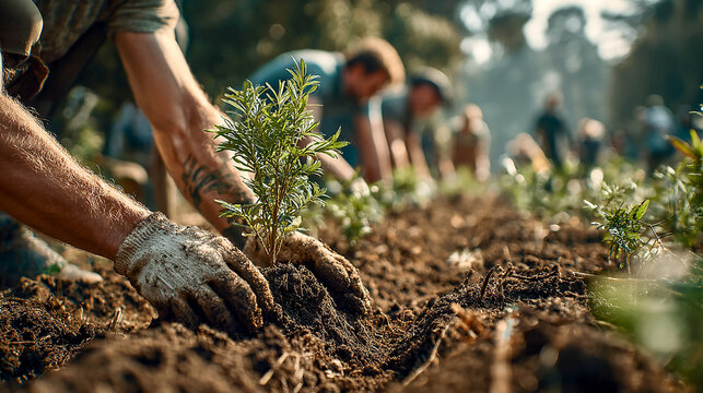 World Environment Day celebration, a diverse group of volunteers planting trees in a green park, hands digging soil and placing young saplings