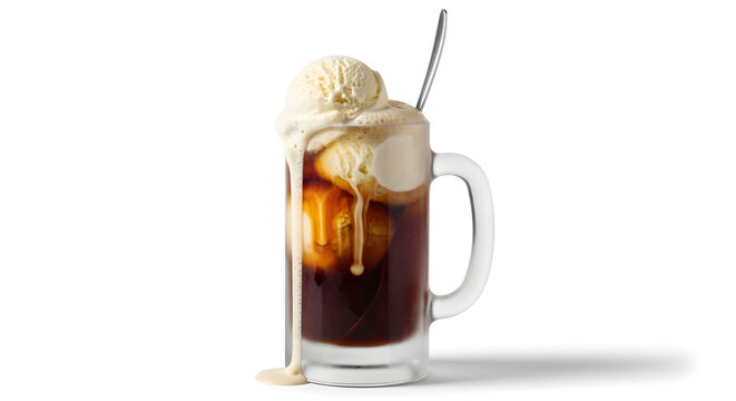 A glass mug filled with cold brew coffee and topped with a scoop of vanilla ice cream