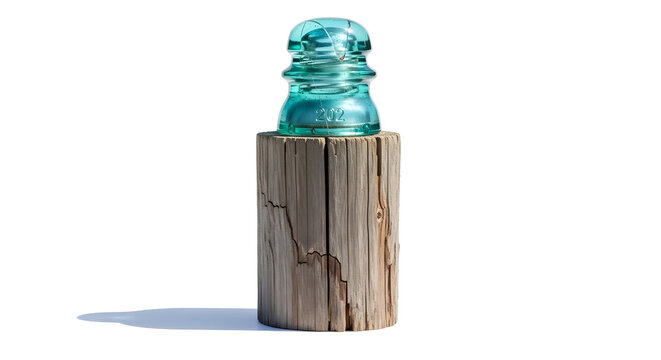 A teal glass insulator sits atop a weathered wooden post against a plain white background.