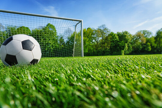 A soccer ball in the green fresh grass on the stadium.