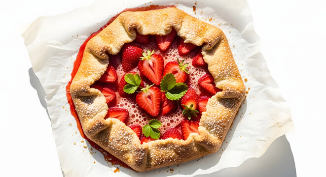 A delicious strawberry galette on parchment paper with fresh mint leaves and powdered sugar