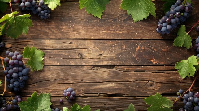 Blue bunches of grapes with green leaves rest on a dark wooden surface, evoking the atmosphere of the harvest and serving as the perfect backdrop for wine-making or agricultural materials.