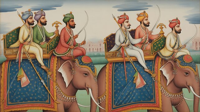 Indian mughal miniature painting style procession of sultans riding elephants