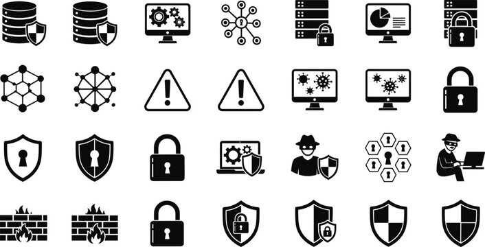Cyber security and data protection solid icon set featuring network shields padlocks firewall servers hackers and system warnings