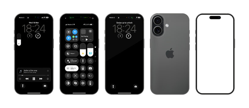 Photorealistic detailed Apple Iphone 17 Black basic IU mockup isolated. iOS 26, liquid grass 2026 full template design. Vector editorial illustration